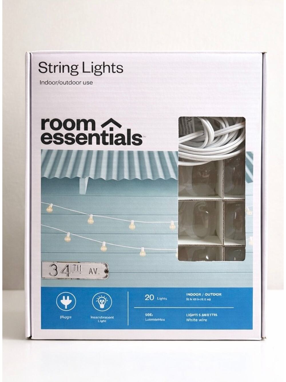 Room Essentials String Lights – Indoor/Outdoor – 20 Lights (White Wire) – New